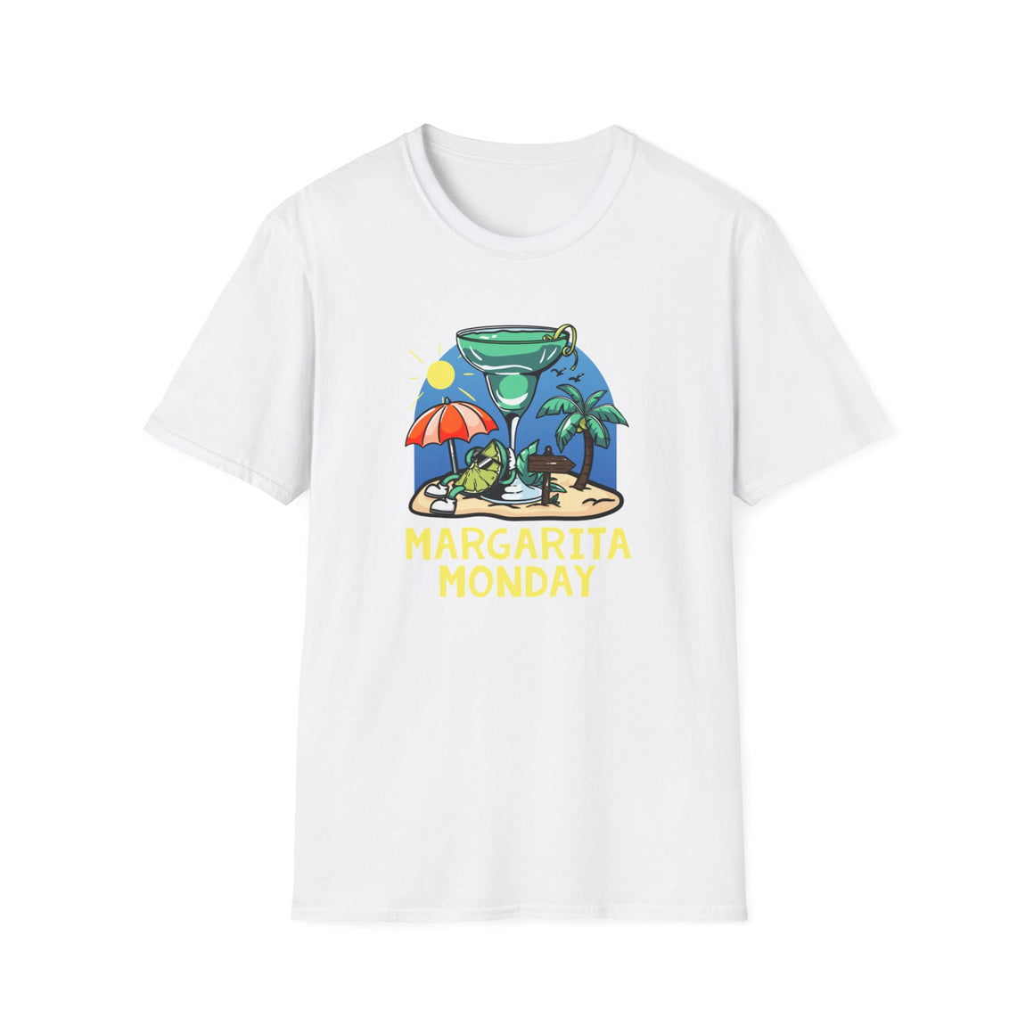 Margarita Monday T-shirt Design Ideas showcasing a white t-shirt with a vibrant tropical-themed design featuring a margarita glass, palm trees, a sun umbrella, and a sandy beach scene, highlighted by bold yellow text reading 'Margarita Monday.' Perfect for casual and festive celebrations