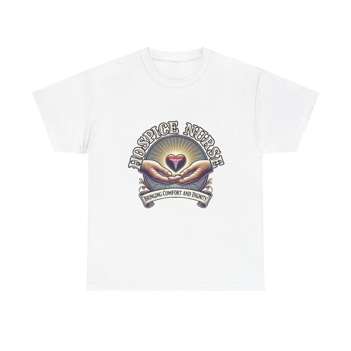 White Hospice nurse t-shirt featuring a compassionate design with hands holding a heart and the phrase 'Bringing Comfort and Dignity,' symbolizing the care and support provided by hospice nurses. Ideal for hospice nurses who are dedicated to their mission.