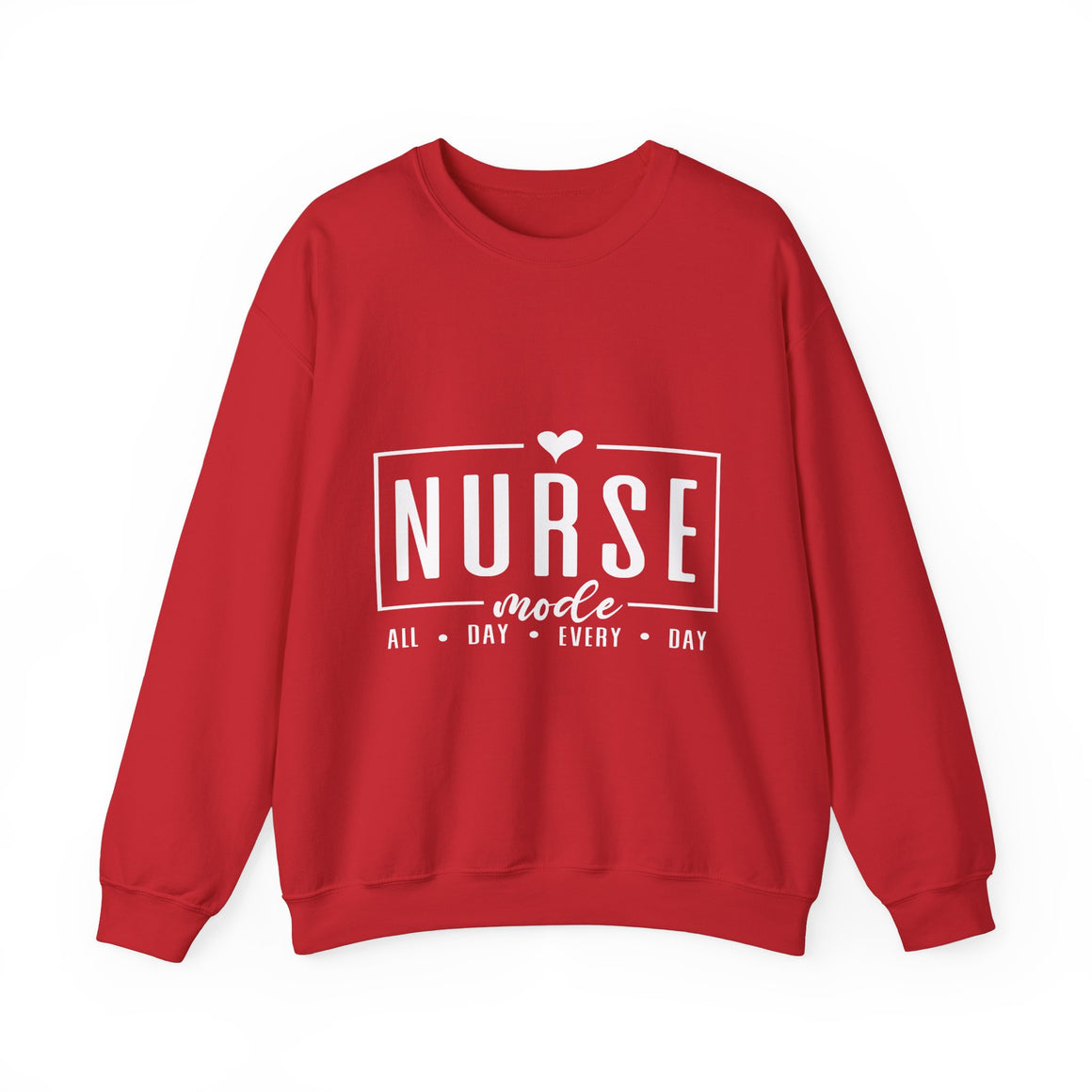 Woman wearing a red sweatshirt with 'Nurse Mode All Day Every Day' printed in white text, and hands on her waistband. Stylish design perfect for Nurses Week Custom Shirt Suggestions.