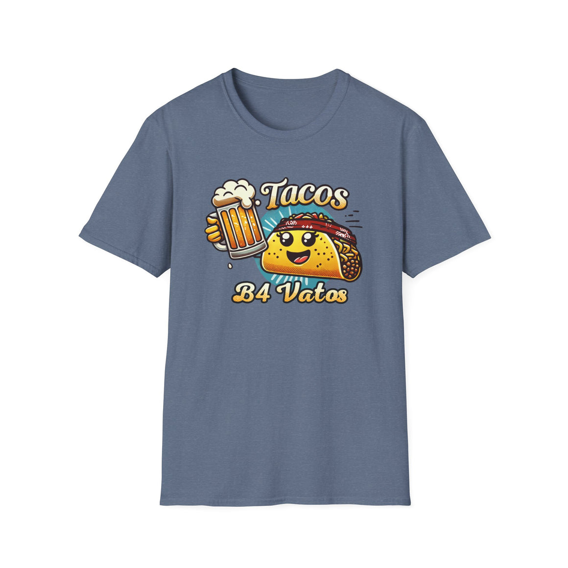 T-shirt featuring a fun 'Tacos B4 Vatos' design with a smiling taco character wearing a bandana and holding a beer mug. Perfect for taco lovers who prioritize food and fun with a playful style.