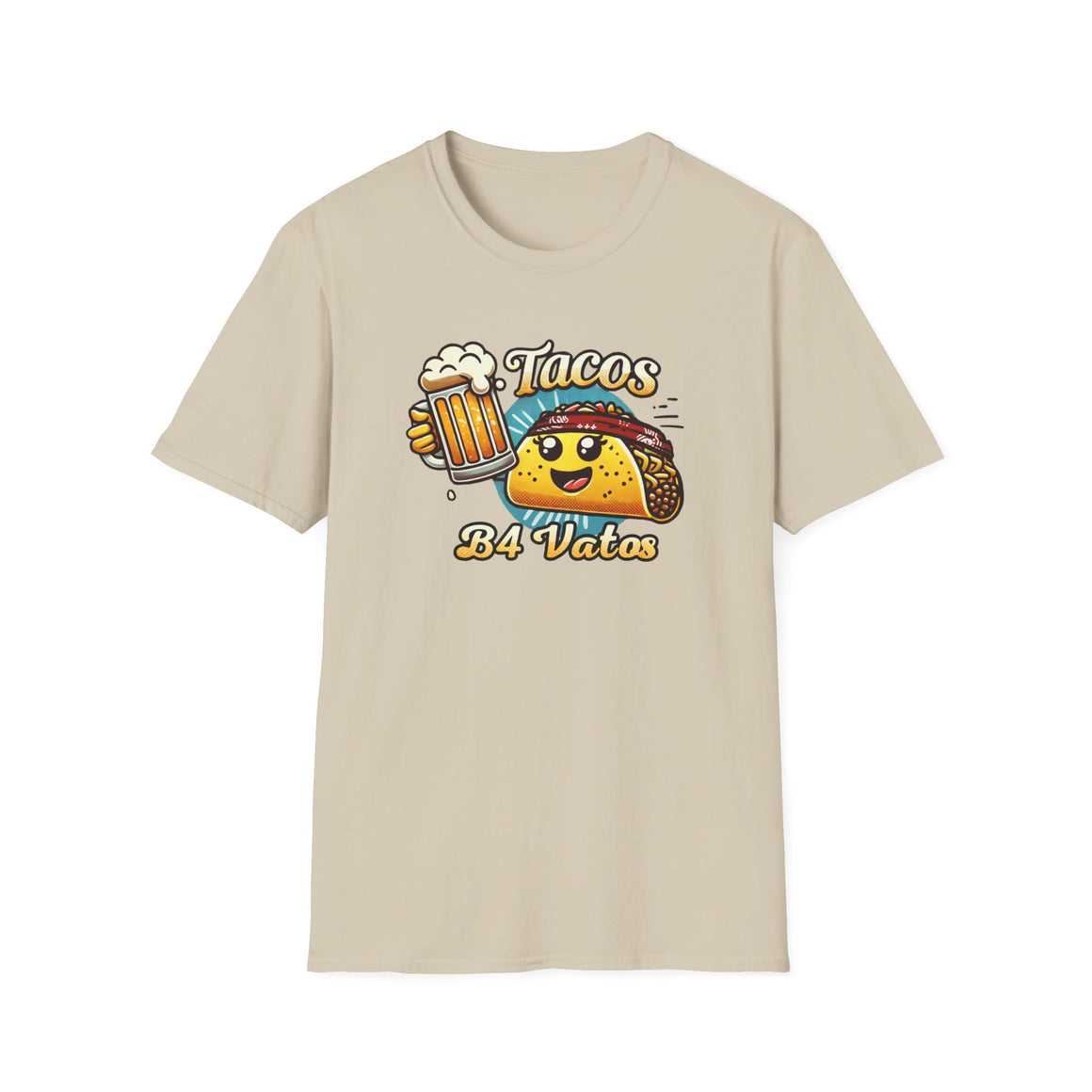 T-shirt featuring a fun 'Tacos B4 Vatos' design with a smiling taco character wearing a bandana and holding a beer mug. Perfect for taco lovers who prioritize food and fun with a playful style.