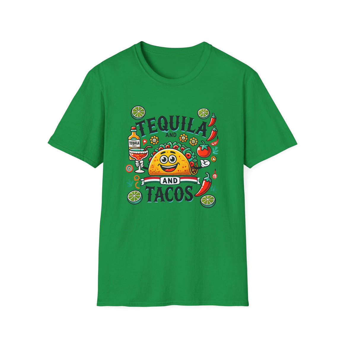 Irish Green T-shirt featuring a festive 'Tequila and Tacos' design with a smiling taco character, tequila bottle, margarita glass, lime slices, and chili peppers. Perfect for celebrating fiestas and taco nights with a fun and lively style.
