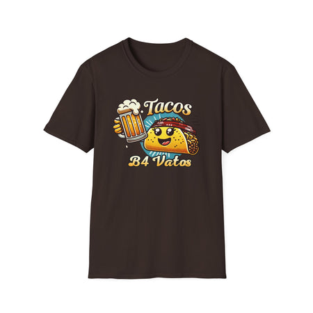 Brown T-shirt featuring a fun 'Tacos B4 Vatos' design with a smiling taco character wearing a bandana and holding a beer mug. Perfect for taco lovers who prioritize food and fun with a playful style.