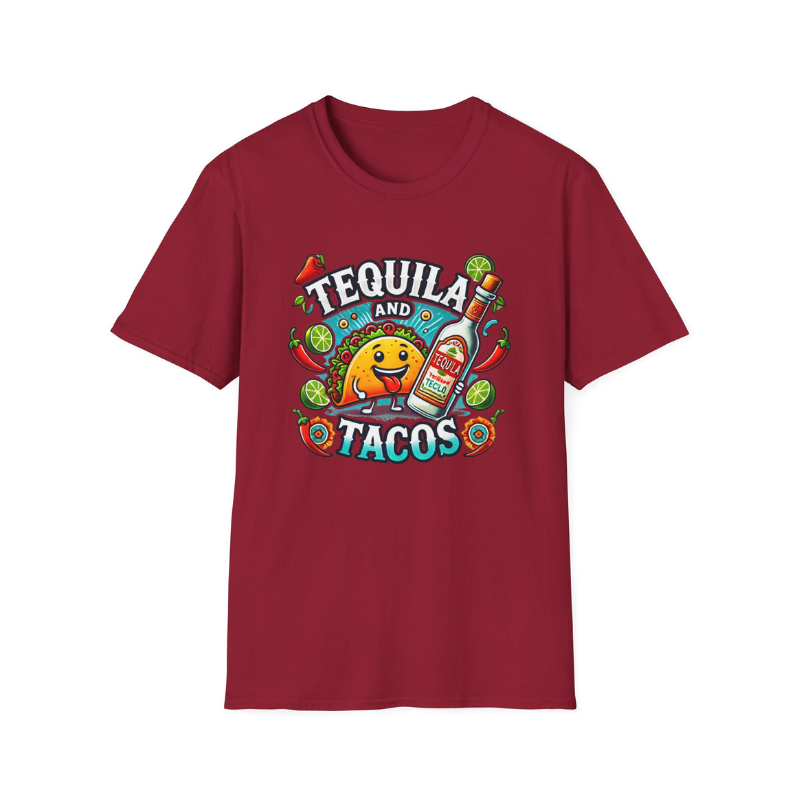 Red T-shirt featuring a lively 'Tequila and Tacos' design with a cheerful taco character, tequila bottle, lime slices, chili peppers, and festive decorations. Ideal for taco lovers and tequila fans who enjoy a fun, fiesta-inspired look.