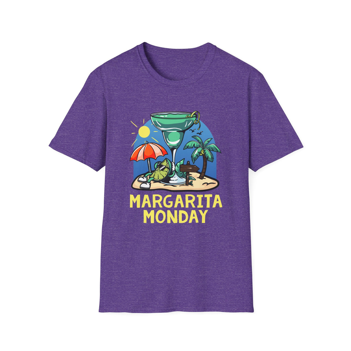 Margarita Monday T-shirt Design Ideas showcasing a vibrant purple t-shirt with a tropical-themed design featuring a margarita glass, sun umbrella, palm trees, and a sandy beach scene, highlighted with bold yellow text reading 'Margarita Monday.' Ideal for festive and relaxed occasions.