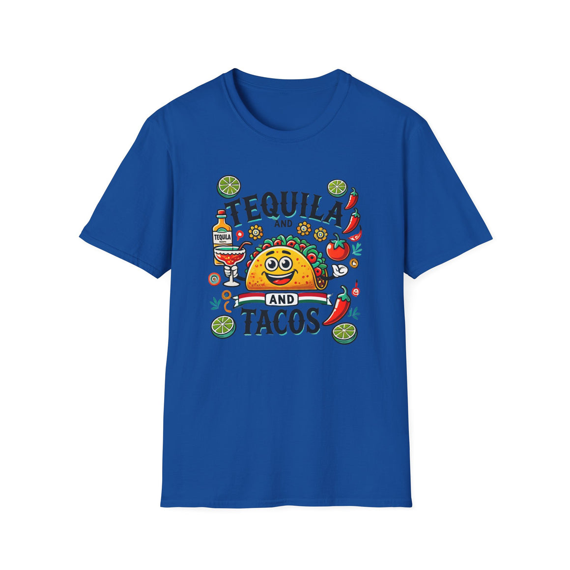 T-shirt featuring a festive 'Tequila and Tacos' design with a smiling taco character, tequila bottle, margarita glass, lime slices, and chili peppers. Perfect for celebrating fiestas and taco nights with a fun and lively style.