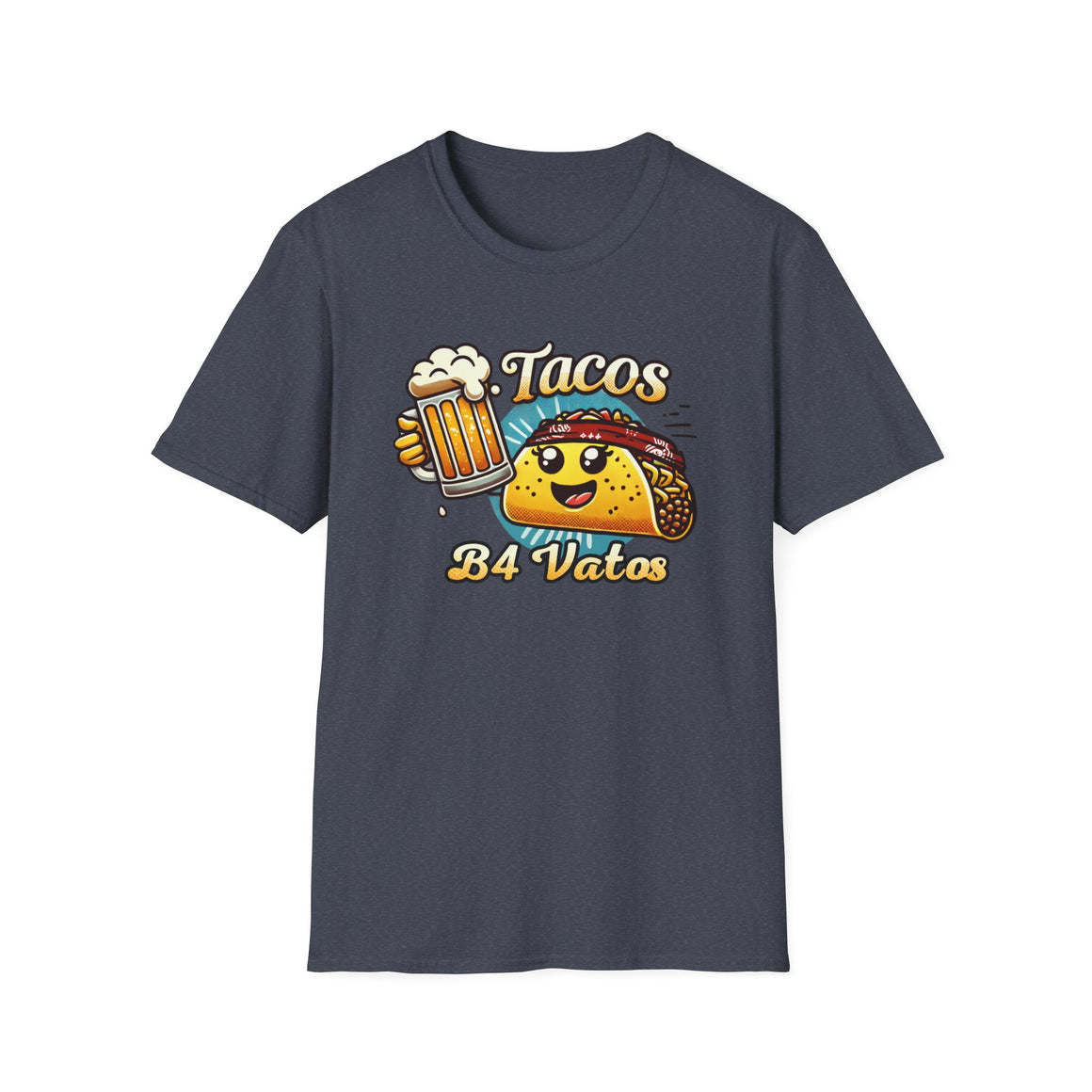 T-shirt featuring a fun 'Tacos B4 Vatos' design with a smiling taco character wearing a bandana and holding a beer mug. Perfect for taco lovers who prioritize food and fun with a playful style.