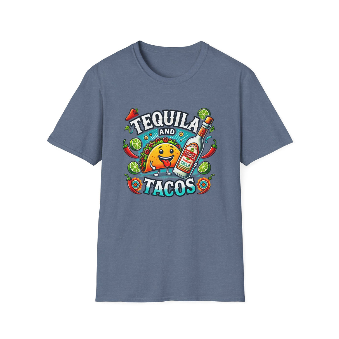 T-shirt featuring a lively 'Tequila and Tacos' design with a cheerful taco character, tequila bottle, lime slices, chili peppers, and festive decorations. Ideal for taco lovers and tequila fans who enjoy a fun, fiesta-inspired look.