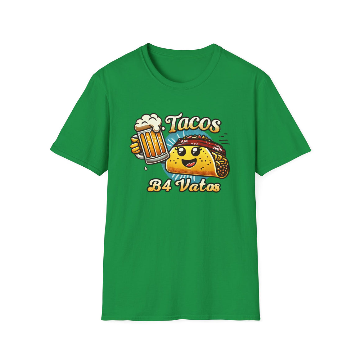 Green T-shirt featuring a fun 'Tacos B4 Vatos' design with a smiling taco character wearing a bandana and holding a beer mug. Perfect for taco lovers who prioritize food and fun with a playful style.