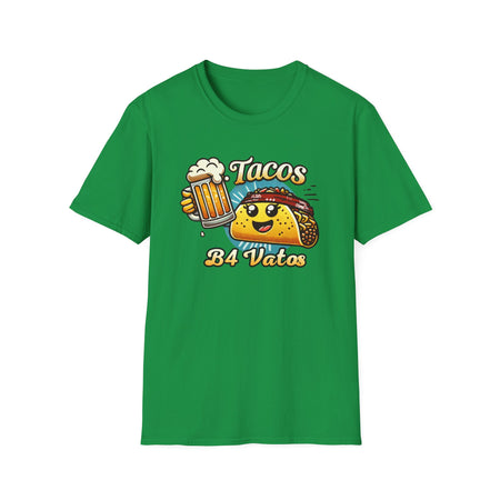 Green T-shirt featuring a fun 'Tacos B4 Vatos' design with a smiling taco character wearing a bandana and holding a beer mug. Perfect for taco lovers who prioritize food and fun with a playful style.