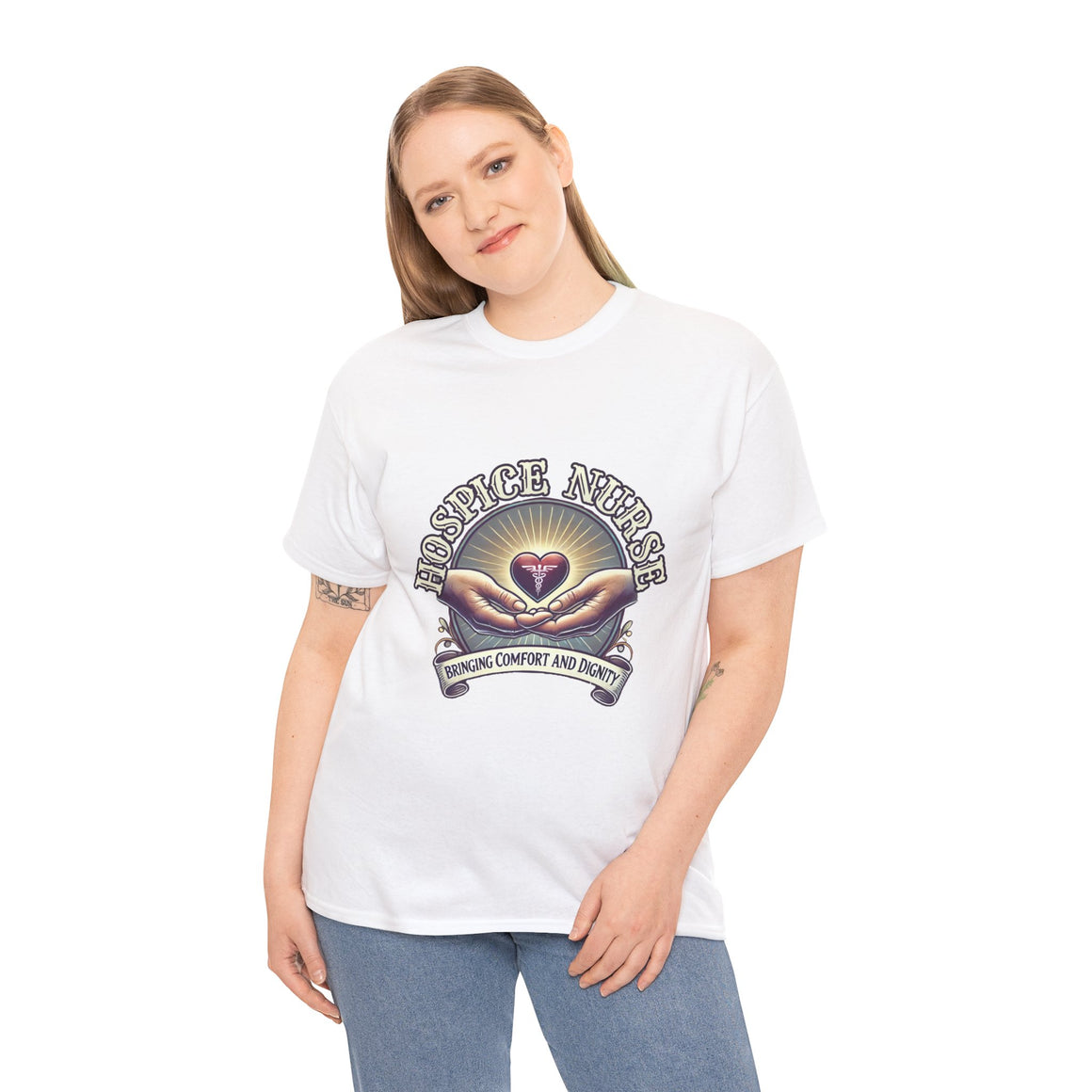 White Hospice nurse t-shirt featuring a compassionate design with hands holding a heart and the phrase 'Bringing Comfort and Dignity,' symbolizing the care and support provided by hospice nurses. Ideal for hospice nurses who are dedicated to their mission.