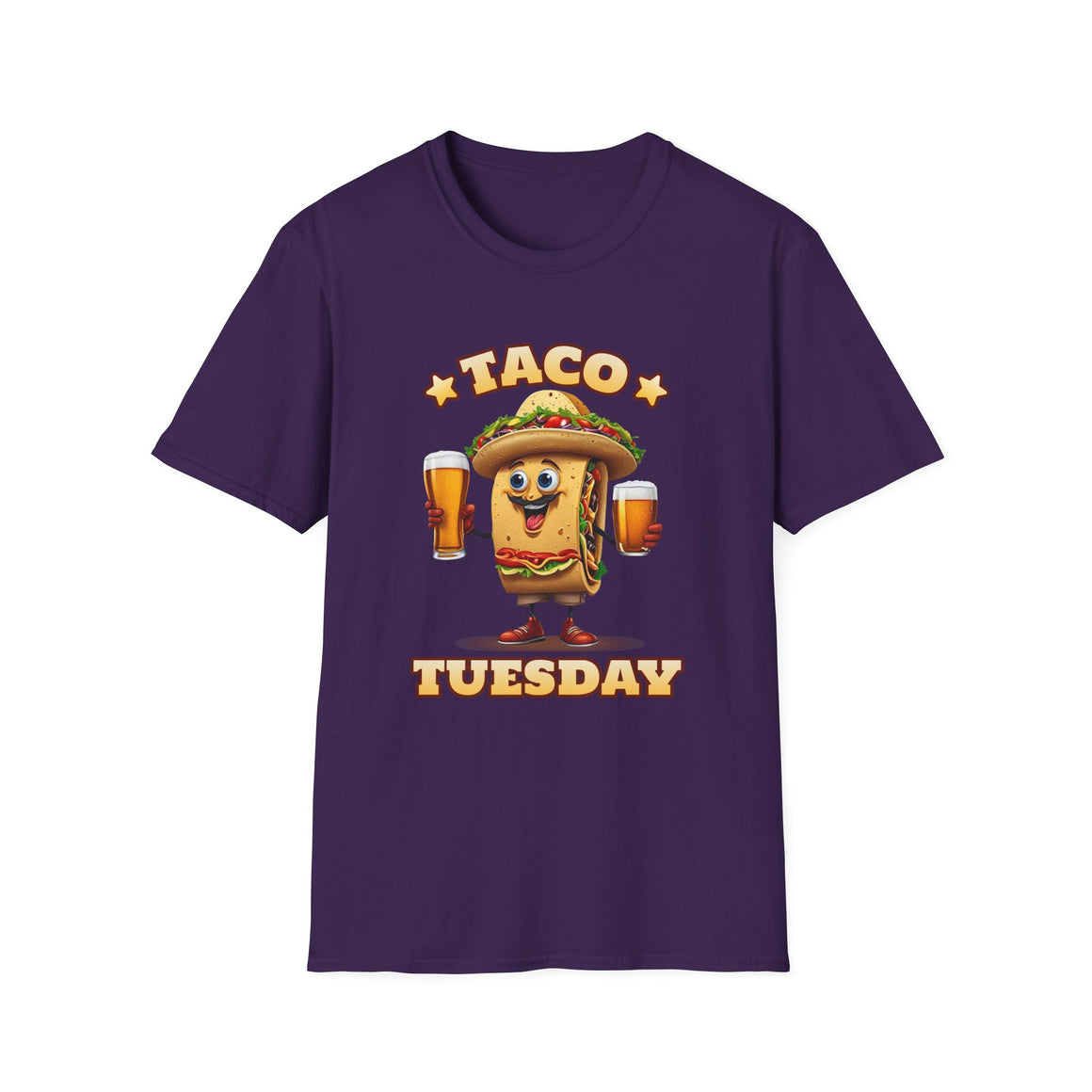 Dark Purple T-shirt with a fun 'Taco Tuesday' design featuring a smiling taco character holding two beers, ready to celebrate. Perfect for taco enthusiasts who enjoy Taco Tuesday with a playful twist.