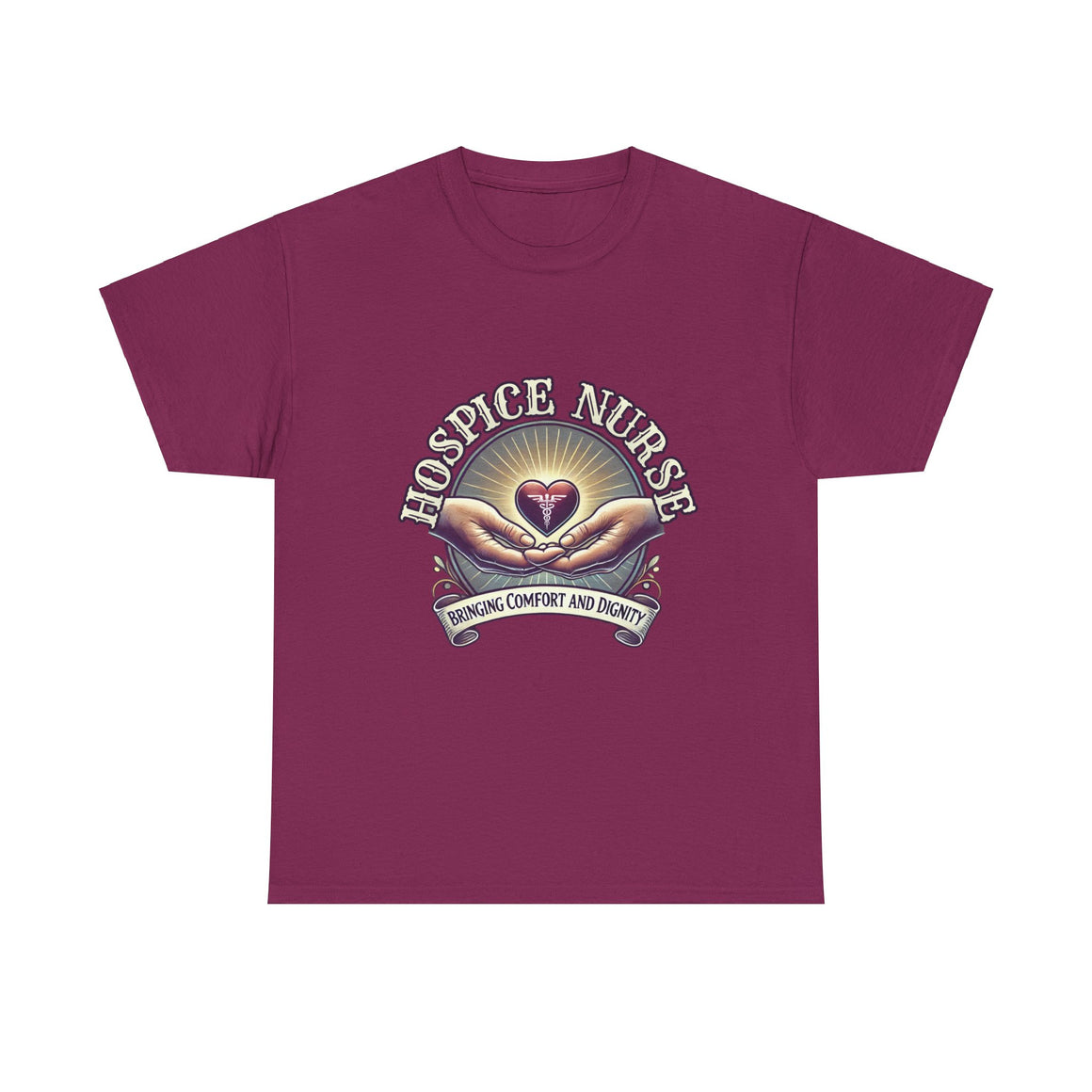 Berry Hospice nurse t-shirt featuring a compassionate design with hands holding a heart and the phrase 'Bringing Comfort and Dignity,' symbolizing the care and support provided by hospice nurses. Ideal for hospice nurses who are dedicated to their mission.