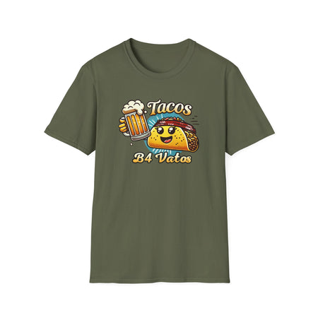 T-shirt featuring a fun 'Tacos B4 Vatos' design with a smiling taco character wearing a bandana and holding a beer mug. Perfect for taco lovers who prioritize food and fun with a playful style.