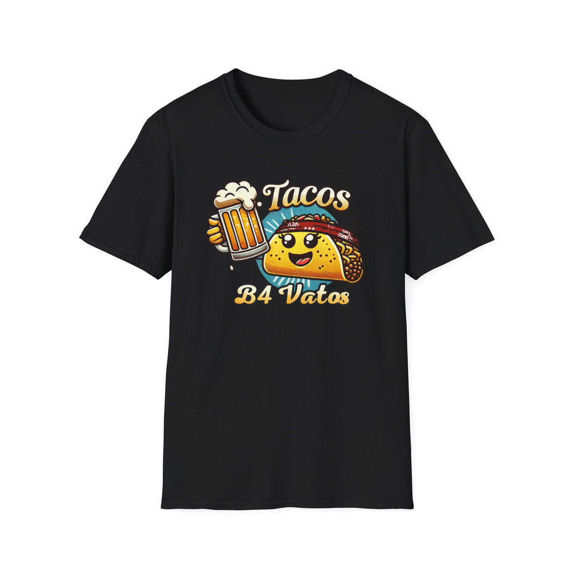 Black T-shirt featuring a fun 'Tacos B4 Vatos' design with a smiling taco character wearing a bandana and holding a beer mug. Perfect for taco lovers who prioritize food and fun with a playful style.