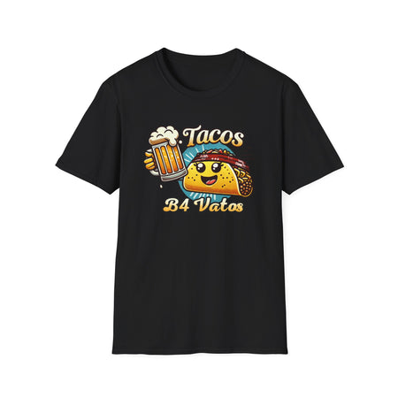 Black T-shirt featuring a fun 'Tacos B4 Vatos' design with a smiling taco character wearing a bandana and holding a beer mug. Perfect for taco lovers who prioritize food and fun with a playful style.