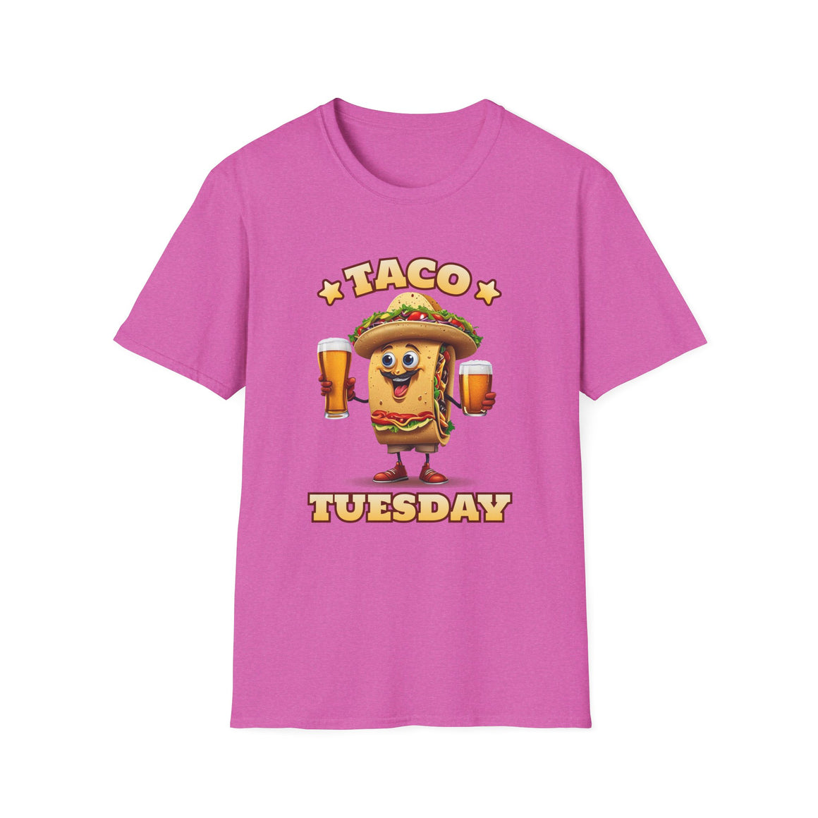 Bright Pink T-shirt with a fun 'Taco Tuesday' design featuring a smiling taco character holding two beers, ready to celebrate. Perfect for taco enthusiasts who enjoy Taco Tuesday with a playful twist.