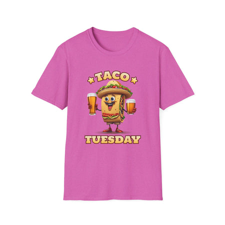 Bright Pink T-shirt with a fun 'Taco Tuesday' design featuring a smiling taco character holding two beers, ready to celebrate. Perfect for taco enthusiasts who enjoy Taco Tuesday with a playful twist.