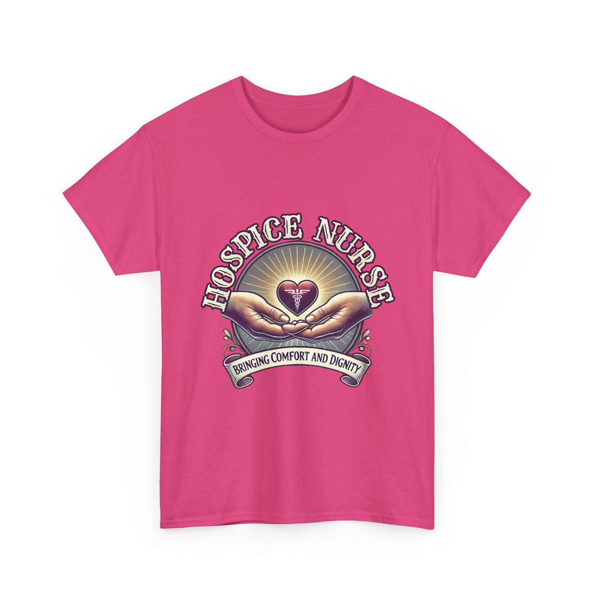 Hospice nurse t-shirt featuring a compassionate design with hands holding a heart and the phrase 'Bringing Comfort and Dignity,' symbolizing the care and support provided by hospice nurses. Ideal for hospice nurses who are dedicated to their mission.