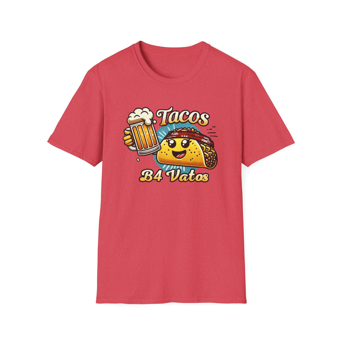 T-shirt featuring a fun 'Tacos B4 Vatos' design with a smiling taco character wearing a bandana and holding a beer mug. Perfect for taco lovers who prioritize food and fun with a playful style.