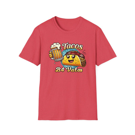 T-shirt featuring a fun 'Tacos B4 Vatos' design with a smiling taco character wearing a bandana and holding a beer mug. Perfect for taco lovers who prioritize food and fun with a playful style.