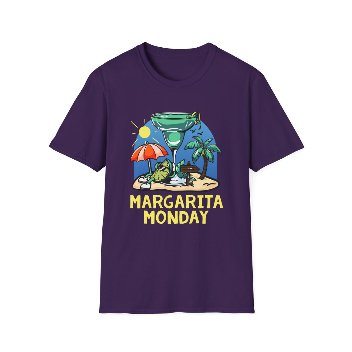 Margarita Monday T-shirt Design Ideas featuring a dark purple t-shirt with a vibrant design of a margarita glass, palm trees, a sun umbrella, and a sandy beach scene, accented by bold yellow text reading 'Margarita Monday.' Perfect for tropical and festive celebrations.