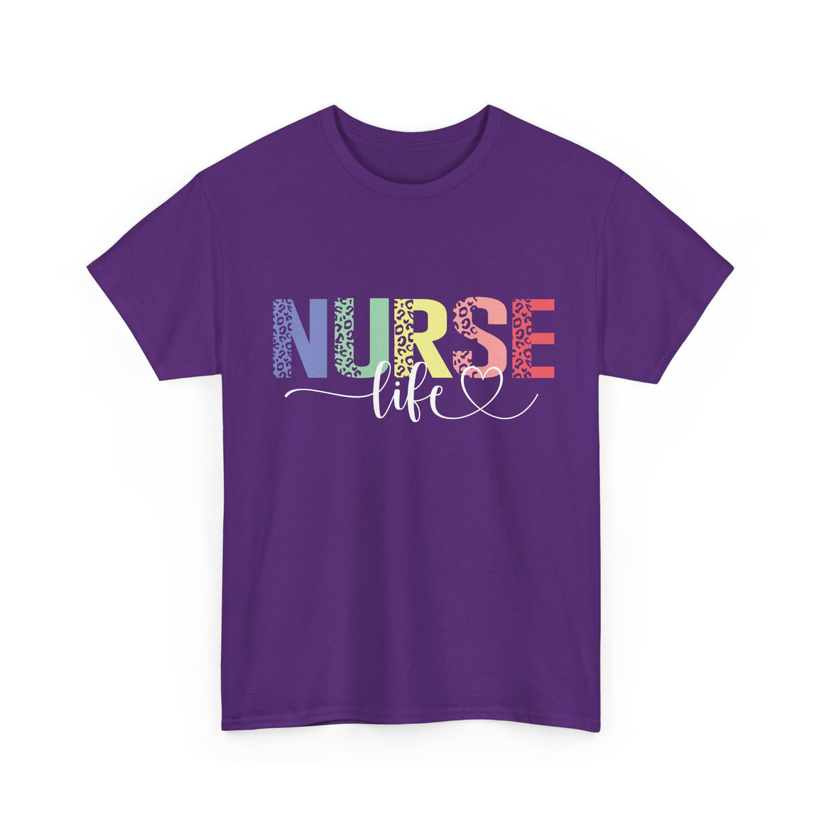 A dark purple t-shirt with a colorful 'Nurse Life' design, showcasing nurse life t-shirt nurse week ideas for a stylish and professional look.
