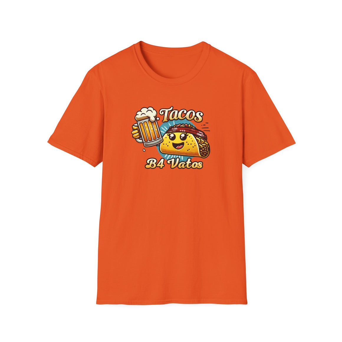 T-shirt featuring a fun 'Tacos B4 Vatos' design with a smiling taco character wearing a bandana and holding a beer mug. Perfect for taco lovers who prioritize food and fun with a playful style.