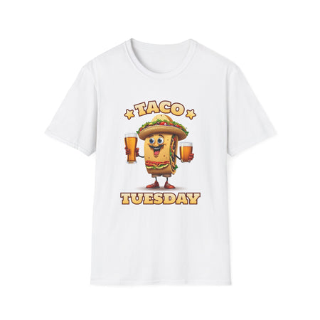 White t-shirt with a fun 'Taco Tuesday' design featuring a smiling taco character holding two beers, ready to celebrate. Perfect for taco enthusiasts who enjoy Taco Tuesday with a playful twist.