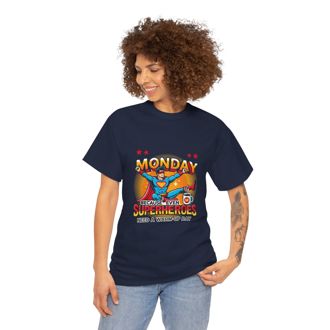 a woman wearing a Royal Blue t-shirt with a humorous design featuring a superhero and the text 'Monday - Because Even Superheroes Need a Warm-Up Day.' A playful option in funny t-shirts for adults.