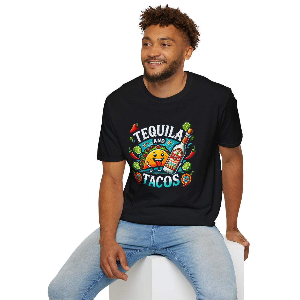 Black T-shirt featuring a lively 'Tequila and Tacos' design with a cheerful taco character, tequila bottle, lime slices, chili peppers, and festive decorations. Ideal for taco lovers and tequila fans who enjoy a fun, fiesta-inspired look.