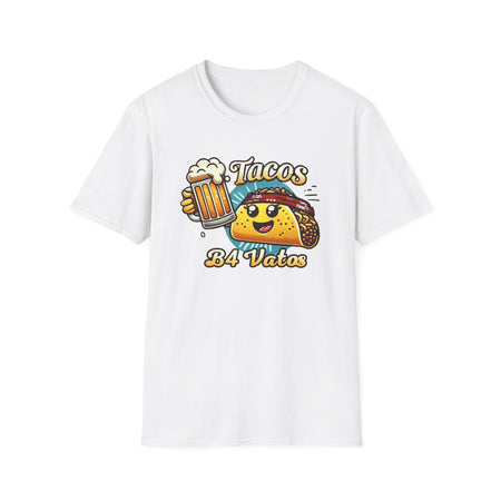 White T-shirt featuring a fun 'Tacos B4 Vatos' design with a smiling taco character wearing a bandana and holding a beer mug. Perfect for taco lovers who prioritize food and fun with a playful style.