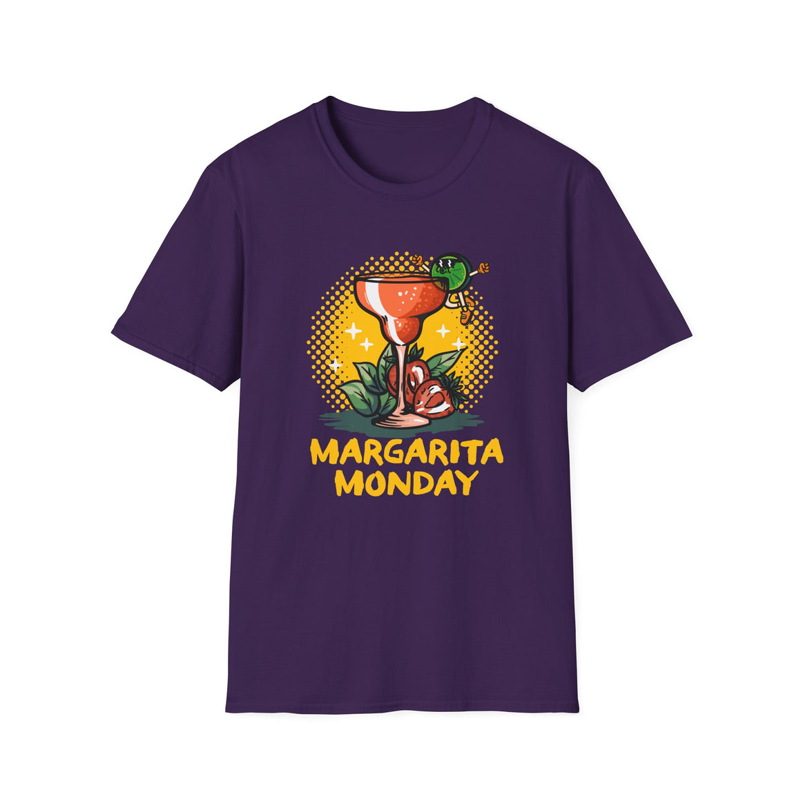 a Dark Purple T-shirt with a "Margarita Monday" design, featuring a vibrant margarita glass illustration and bold yellow text. This is one of the trendy Margarita Monday T-shirt styles, adding a fun and playful vibe to her casual look, perfect for celebrating Margarita Monday in style.