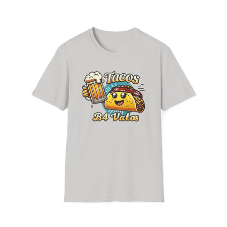 T-shirt featuring a fun 'Tacos B4 Vatos' design with a smiling taco character wearing a bandana and holding a beer mug. Perfect for taco lovers who prioritize food and fun with a playful style.