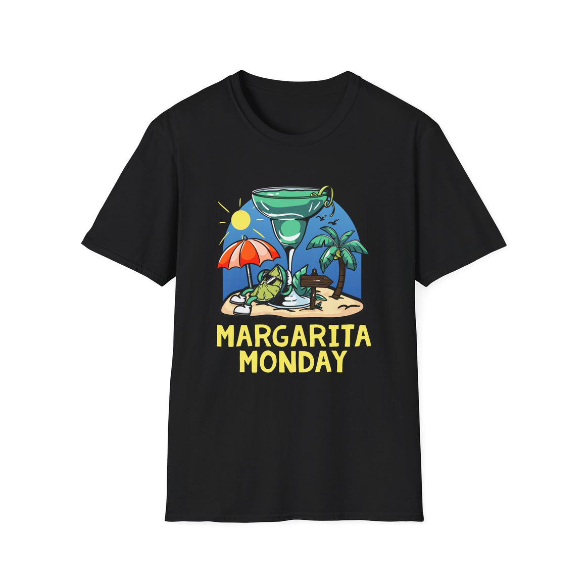 Margarita Monday T-shirt Design Ideas featuring a black t-shirt with a vibrant tropical design of a margarita glass, palm trees, a sun umbrella, and a sandy beach scene, highlighted by bold yellow text reading 'Margarita Monday.' Perfect for casual and festive occasions.