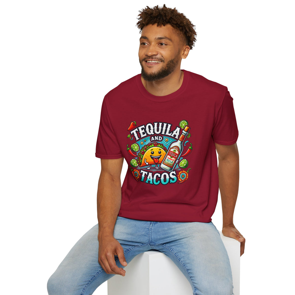 Red T-shirt featuring a lively 'Tequila and Tacos' design with a cheerful taco character, tequila bottle, lime slices, chili peppers, and festive decorations. Ideal for taco lovers and tequila fans who enjoy a fun, fiesta-inspired look.