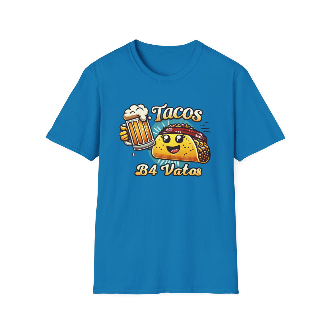 T-shirt featuring a fun 'Tacos B4 Vatos' design with a smiling taco character wearing a bandana and holding a beer mug. Perfect for taco lovers who prioritize food and fun with a playful style.