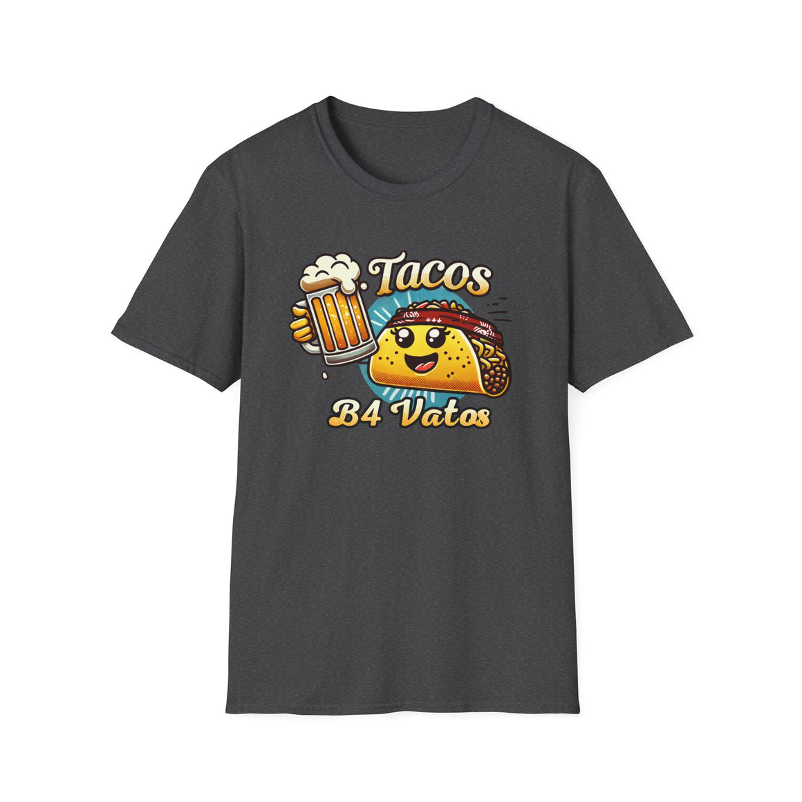 T-shirt featuring a fun 'Tacos B4 Vatos' design with a smiling taco character wearing a bandana and holding a beer mug. Perfect for taco lovers who prioritize food and fun with a playful style.