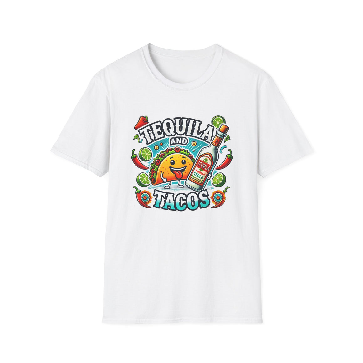 White T-shirt featuring a lively 'Tequila and Tacos' design with a cheerful taco character, tequila bottle, lime slices, chili peppers, and festive decorations. Ideal for taco lovers and tequila fans who enjoy a fun, fiesta-inspired look.