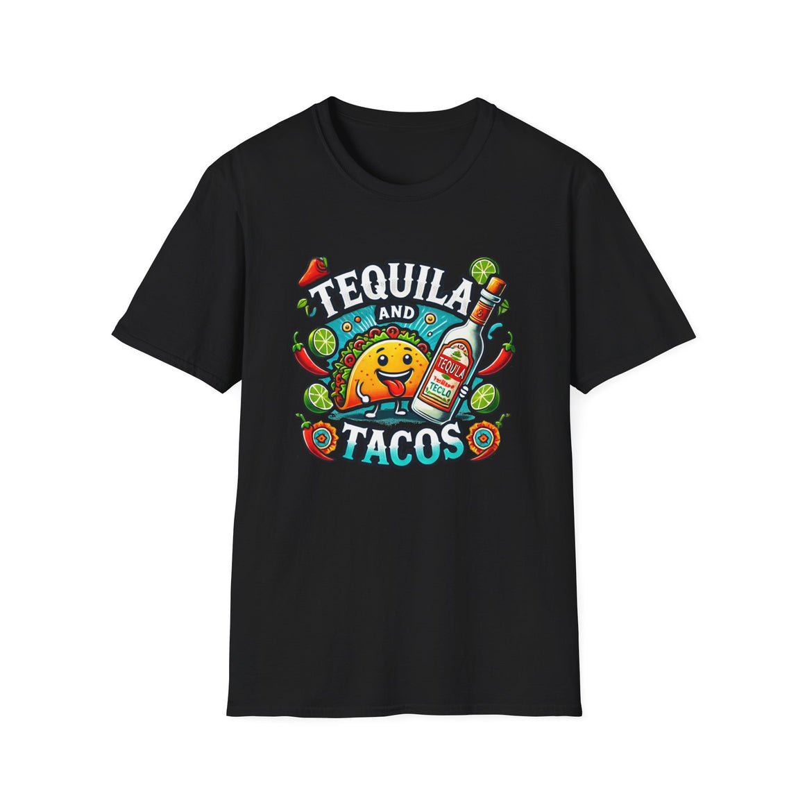 Black T-shirt featuring a lively 'Tequila and Tacos' design with a cheerful taco character, tequila bottle, lime slices, chili peppers, and festive decorations. Ideal for taco lovers and tequila fans who enjoy a fun, fiesta-inspired look.