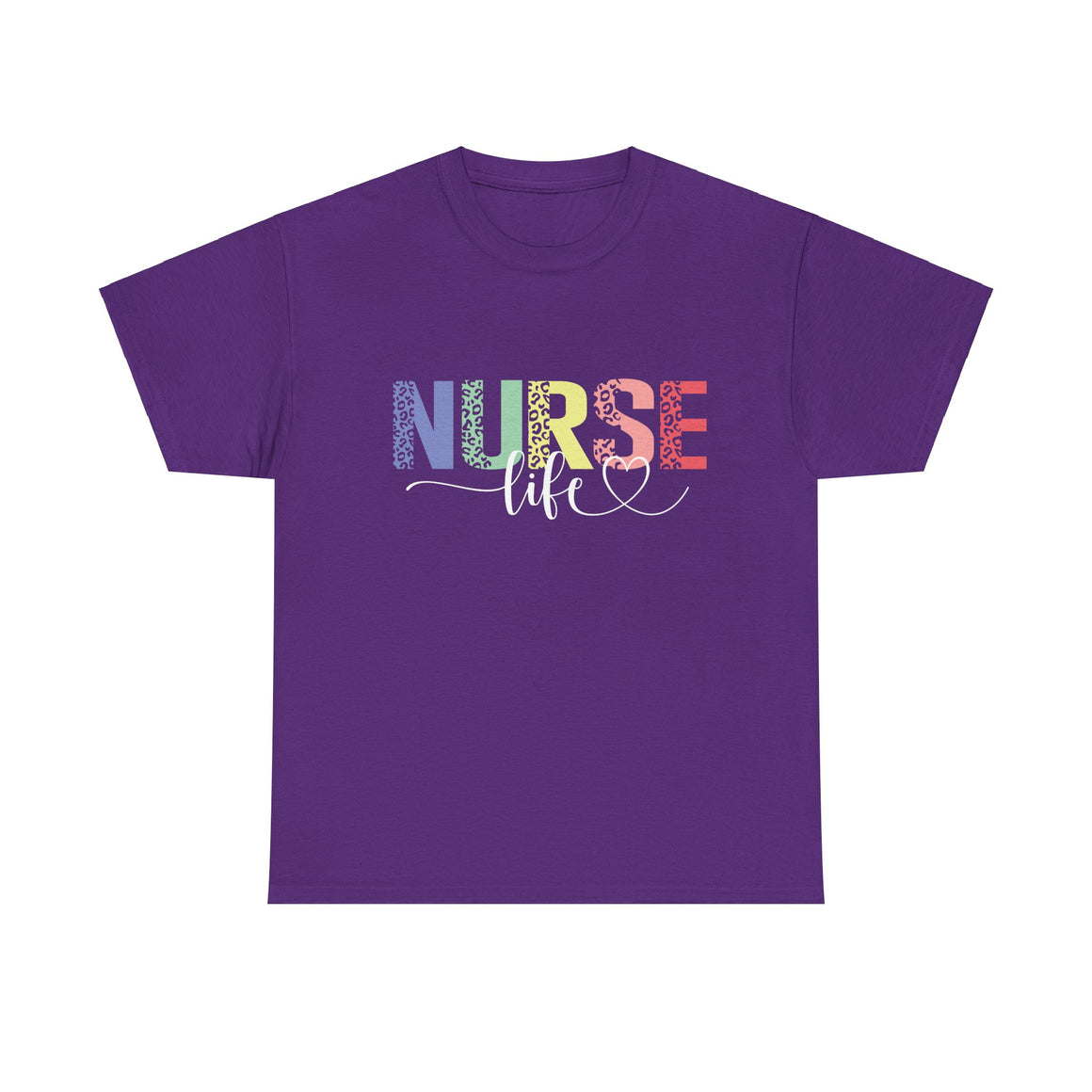 A dark purple t-shirt with a colorful 'Nurse Life' design, showcasing nurse life t-shirt nurse week ideas for a stylish and professional look.