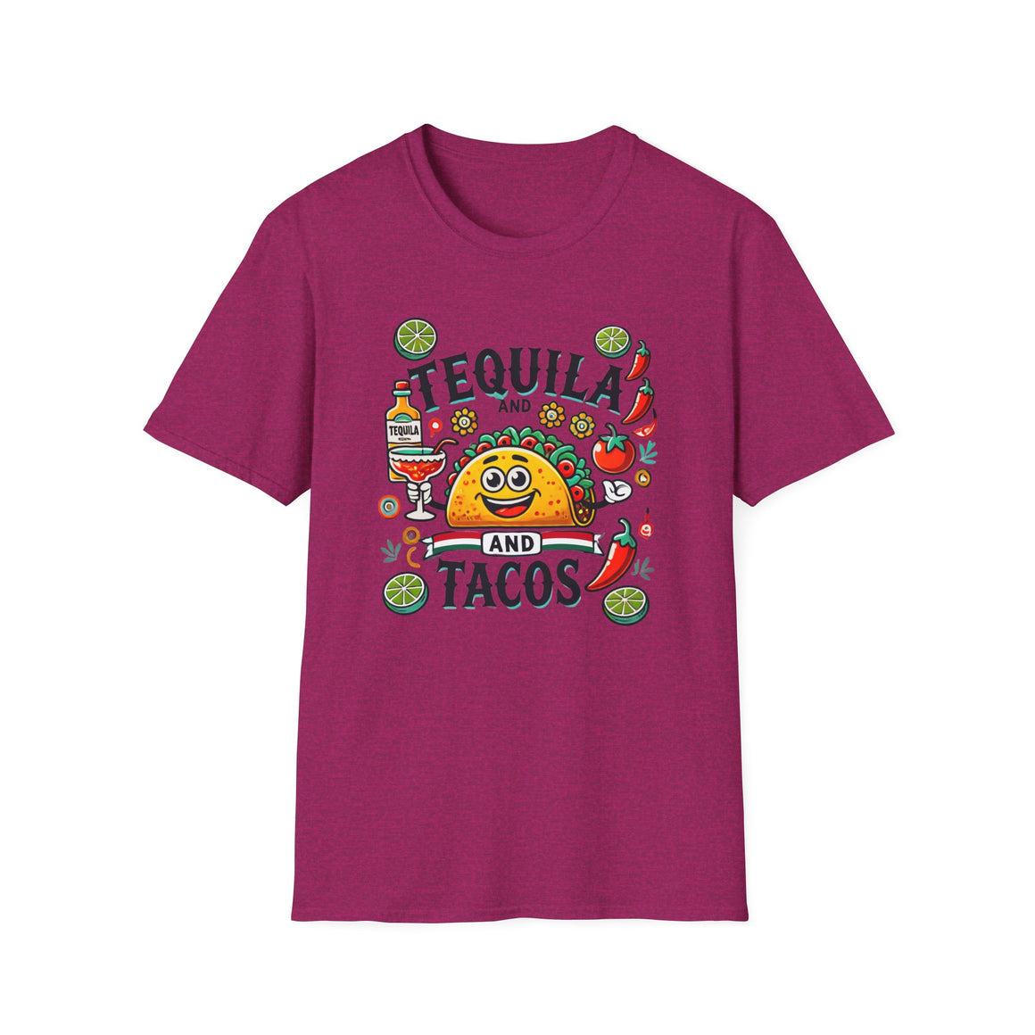 T-shirt featuring a festive 'Tequila and Tacos' design with a smiling taco character, tequila bottle, margarita glass, lime slices, and chili peppers. Perfect for celebrating fiestas and taco nights with a fun and lively style.