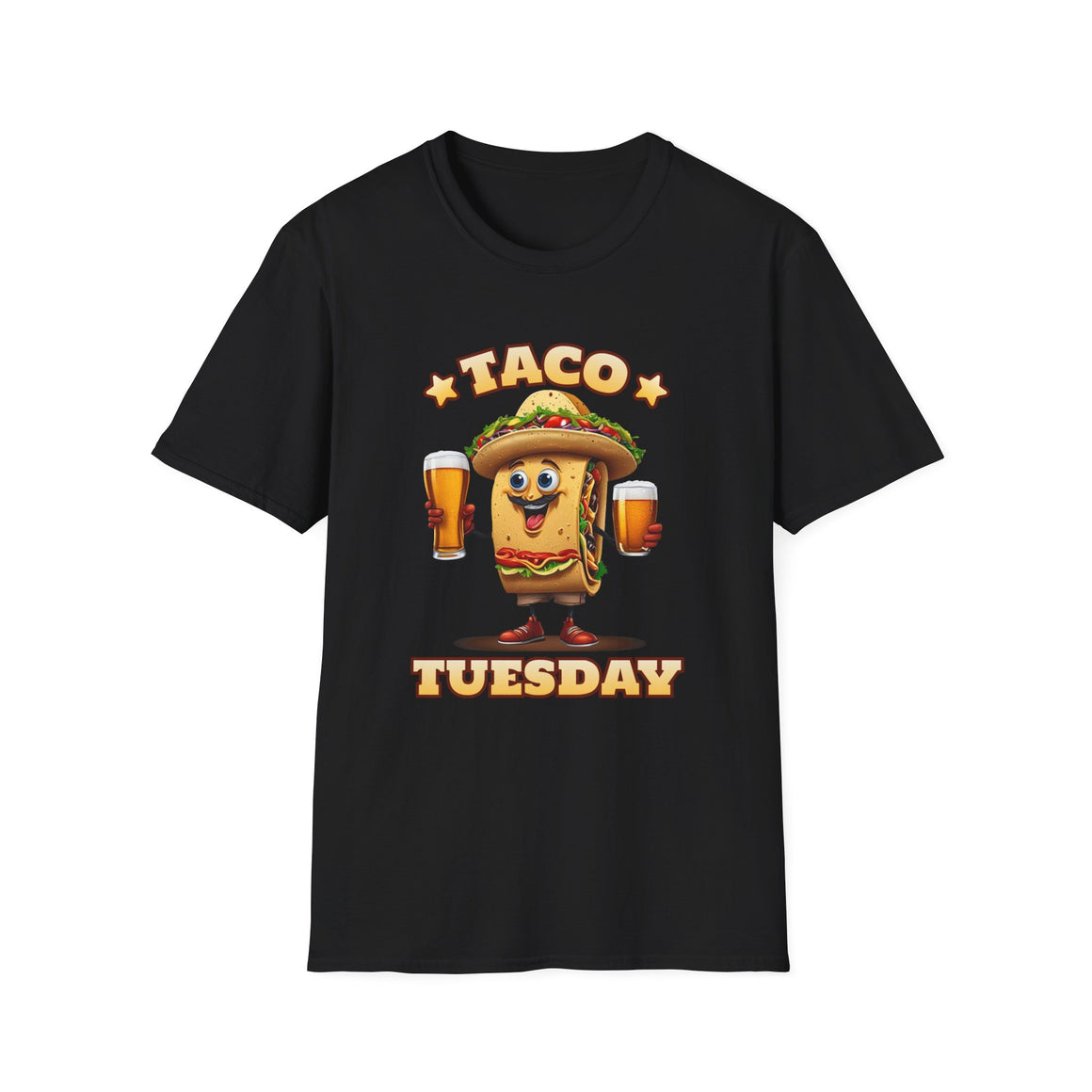 Black T-shirt with a fun 'Taco Tuesday' design featuring a smiling taco character holding two beers, ready to celebrate. Perfect for taco enthusiasts who enjoy Taco Tuesday with a playful twist.