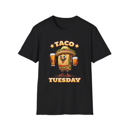 Black T-shirt with a fun 'Taco Tuesday' design featuring a smiling taco character holding two beers, ready to celebrate. Perfect for taco enthusiasts who enjoy Taco Tuesday with a playful twist.