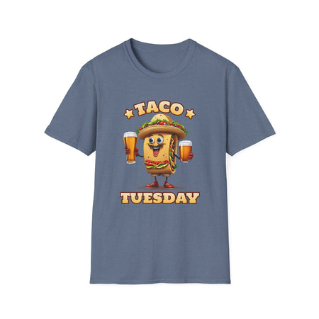 T-shirt with a fun 'Taco Tuesday' design featuring a smiling taco character holding two beers, ready to celebrate. Perfect for taco enthusiasts who enjoy Taco Tuesday with a playful twist.