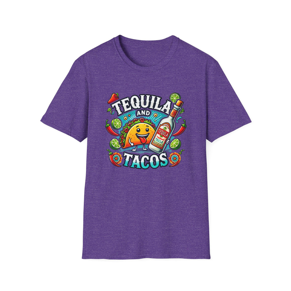 Light PUrple T-shirt featuring a lively 'Tequila and Tacos' design with a cheerful taco character, tequila bottle, lime slices, chili peppers, and festive decorations. Ideal for taco lovers and tequila fans who enjoy a fun, fiesta-inspired look.