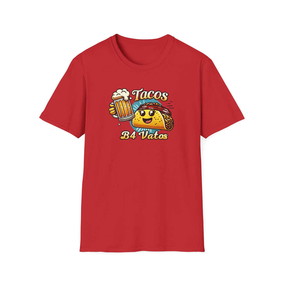 Red T-shirt featuring a fun 'Tacos B4 Vatos' design with a smiling taco character wearing a bandana and holding a beer mug. Perfect for taco lovers who prioritize food and fun with a playful style.