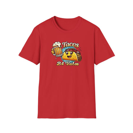 Red T-shirt featuring a fun 'Tacos B4 Vatos' design with a smiling taco character wearing a bandana and holding a beer mug. Perfect for taco lovers who prioritize food and fun with a playful style.