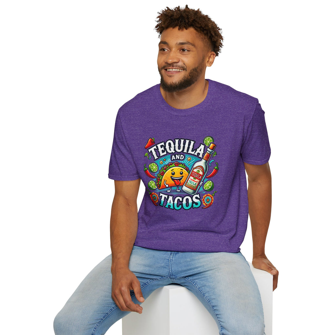 Light Purple T-shirt featuring a lively 'Tequila and Tacos' design with a cheerful taco character, tequila bottle, lime slices, chili peppers, and festive decorations. Ideal for taco lovers and tequila fans who enjoy a fun, fiesta-inspired look.