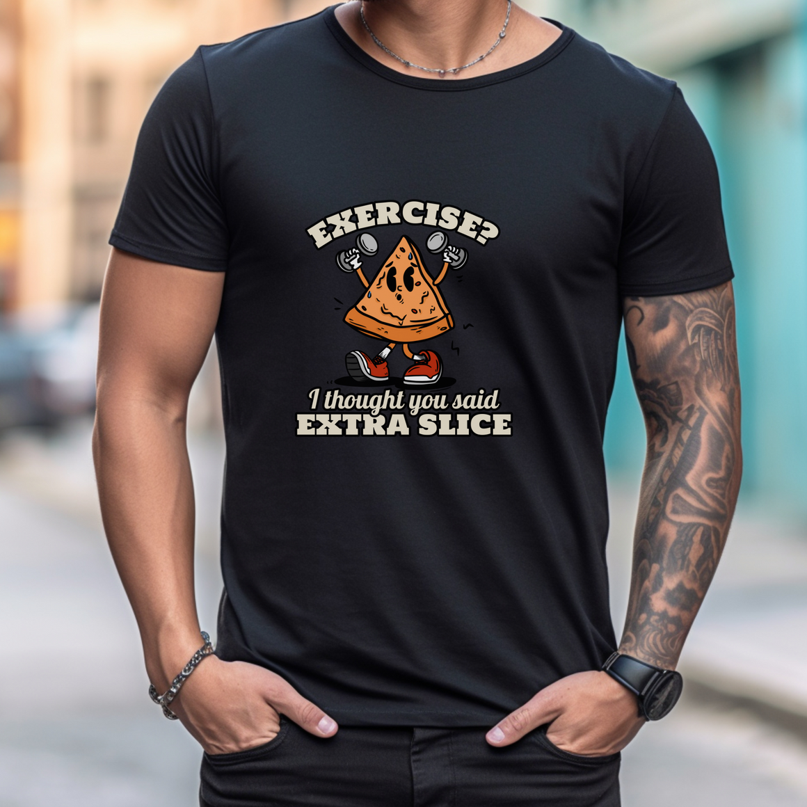 a man wearing a funny gym T-shirt that says Exercise? I thought You Said Extra Slice.